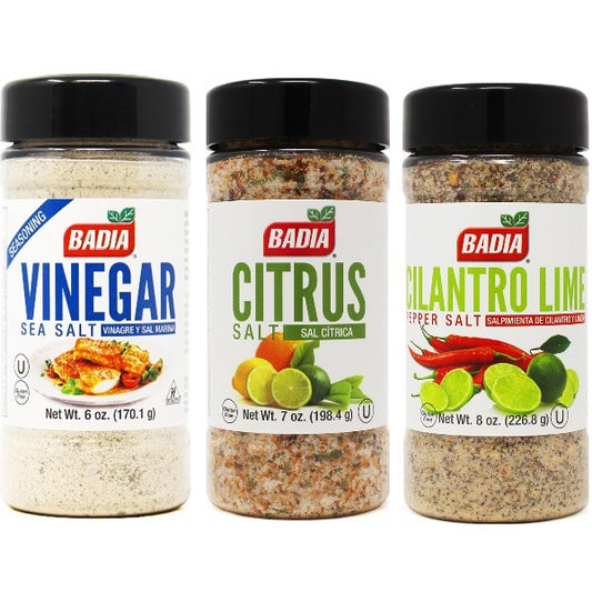Badia Spices Citrus Salts Bundle: 3 Jars Vinegar Sea Salt, Citrus Salt, and Cilantro Lime Salt