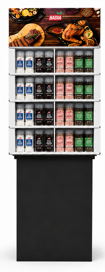 Badia Four Grinders floor display shipper for grocery stores — 120 units, ready to place
