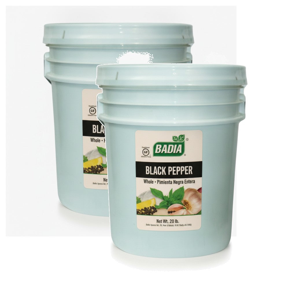 Badia Black Pepper Whole, 20 lb, Pack of 2 — Badia food service bucket on white
