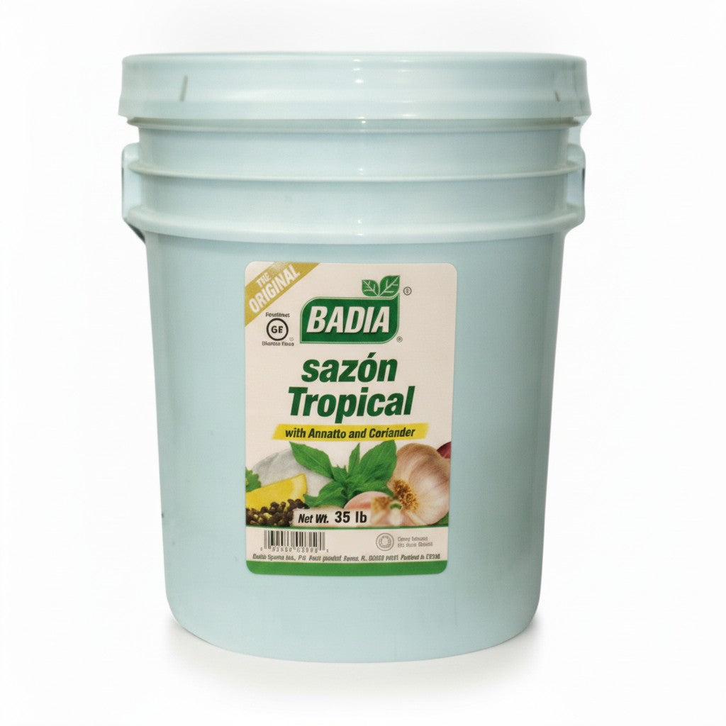 Badia Sazón Tropical with Annatto and Coriander, 35 lb — Badia food service bucket on white
