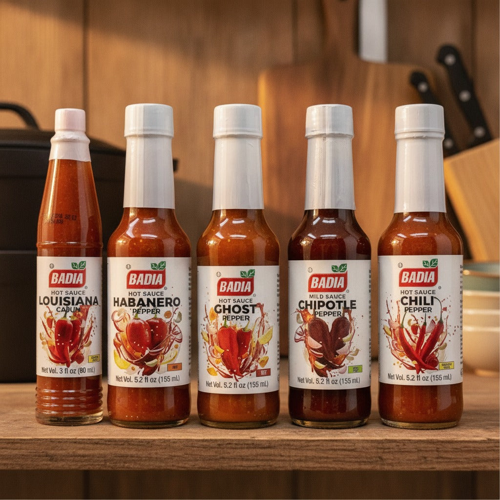 Badia Chili, Chipotle, Ghost Pepper, Habanero & Louisiana Cajun Hot Sauce Bundle — lifestyle