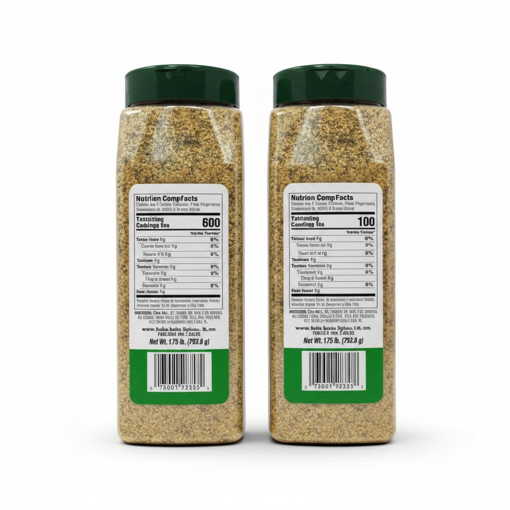 Badia Complete Seasoning, family size 1.75 lb bottles, 2-pack. A blend of salt, garlic, onion, oregano, pepper, and turmeric.