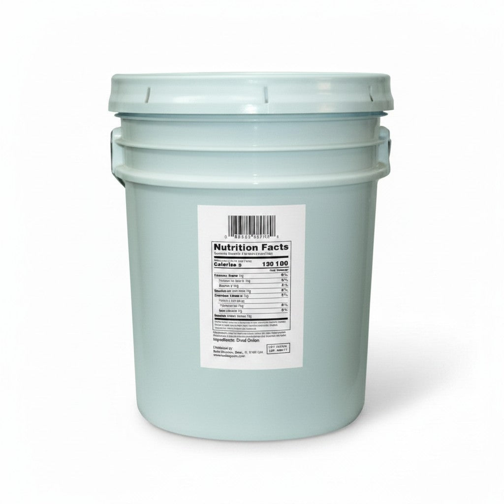 Bodega Badia Chopped Onion Spice, 15 lb foodservice container with dehydrated onion pieces.