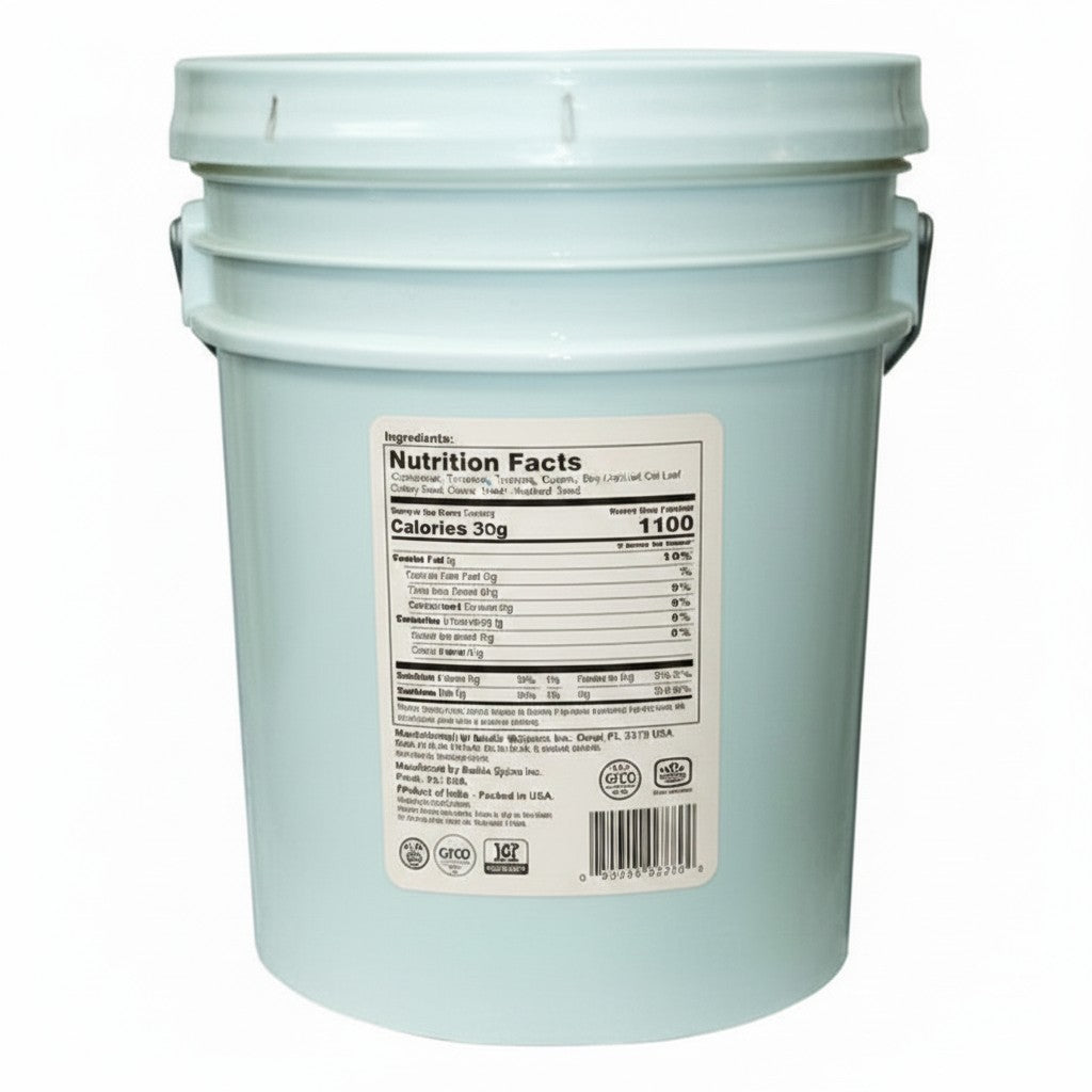 Bodega Badia Curry Powder in a 20 lb pale blue tub. Features a label with spices and garlic.