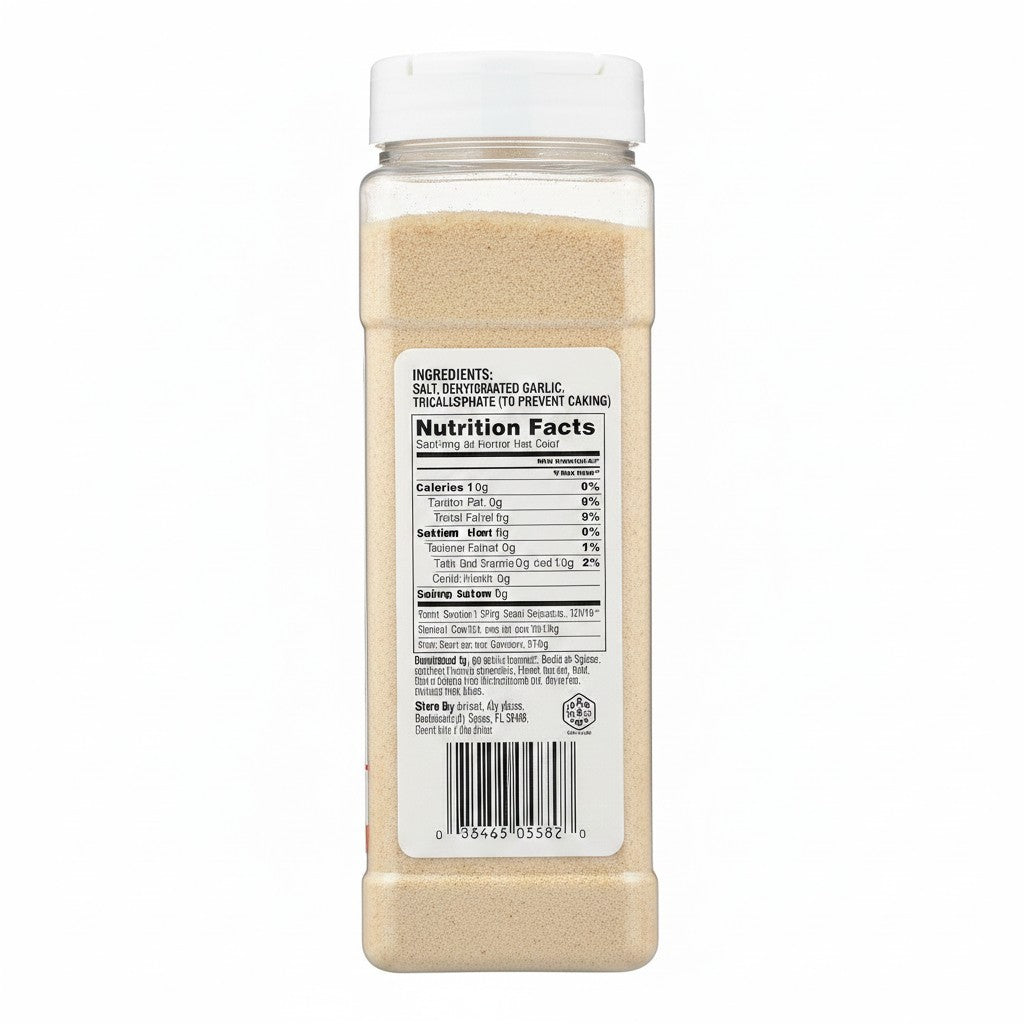Bodega Badia Garlic Salt, a blend of granulated garlic and salt in a 2 lb shaker bottle. Gluten-free.