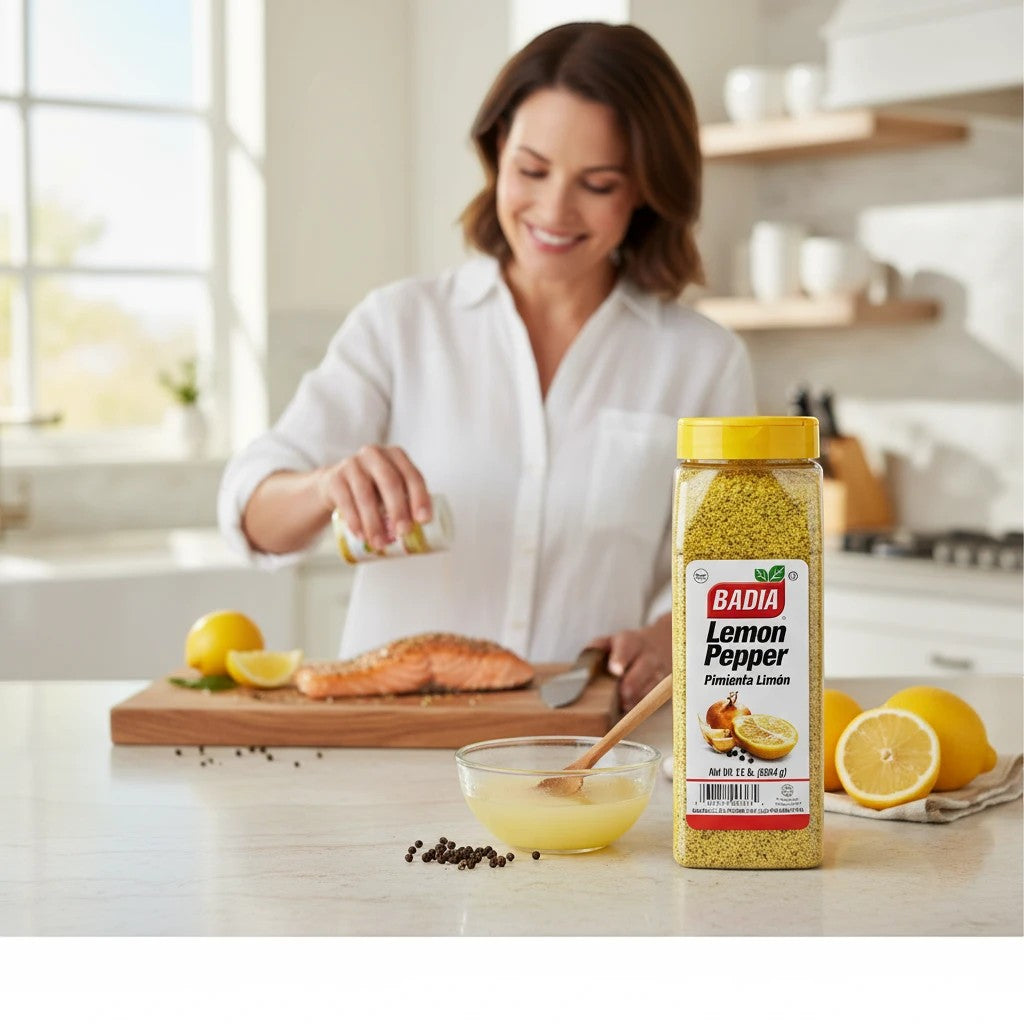 Bodega Badia Lemon Pepper seasoning being sprinkled on salmon by a smiling woman in a kitchen.