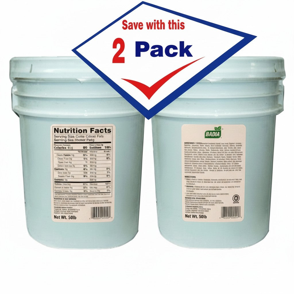 Bodega Badia Seasoned Salt, 2 x 50lb buckets. Bulk seasoning for kitchens, with garlic, onion, paprika, celery, and pepper.