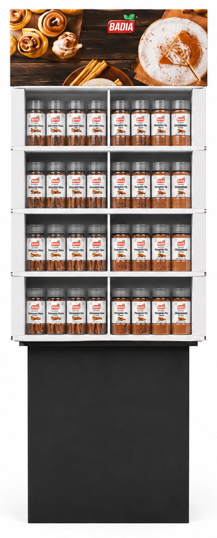 Badia Cinnamon & Pumpkin Pie floor display shipper for grocery stores — 120 units, ready to place