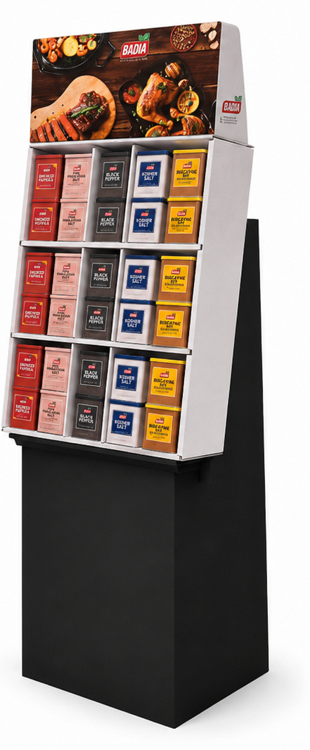 Badia Specialty Salt & Pepper floor display, angled view