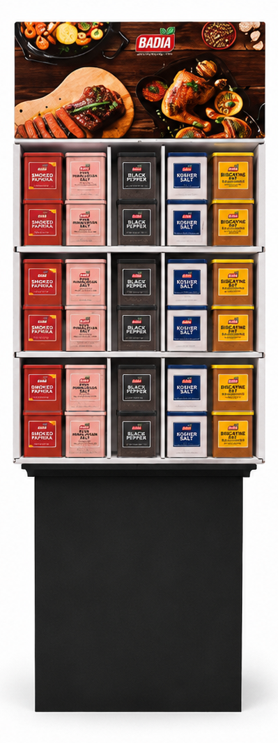 Badia Specialty Salt & Pepper floor display shipper for grocery stores — 90 units, ready to place