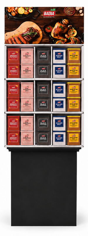 Badia Specialty Salt & Pepper floor display shipper for grocery stores — 90 units, ready to place