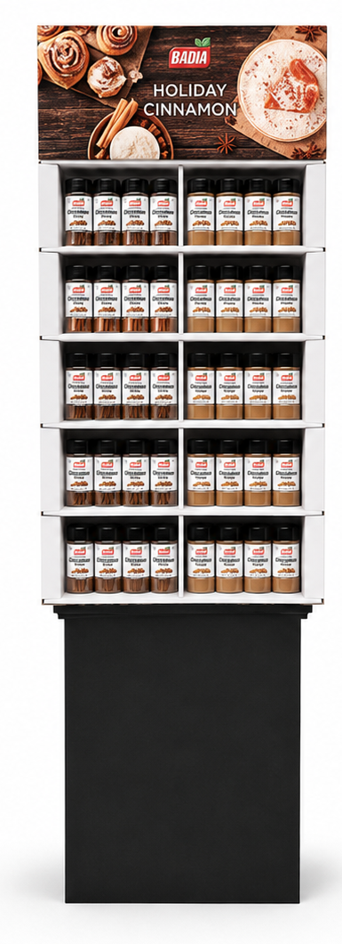 Badia Holiday Cinnamon floor display shipper for grocery stores — 120 units, ready to place