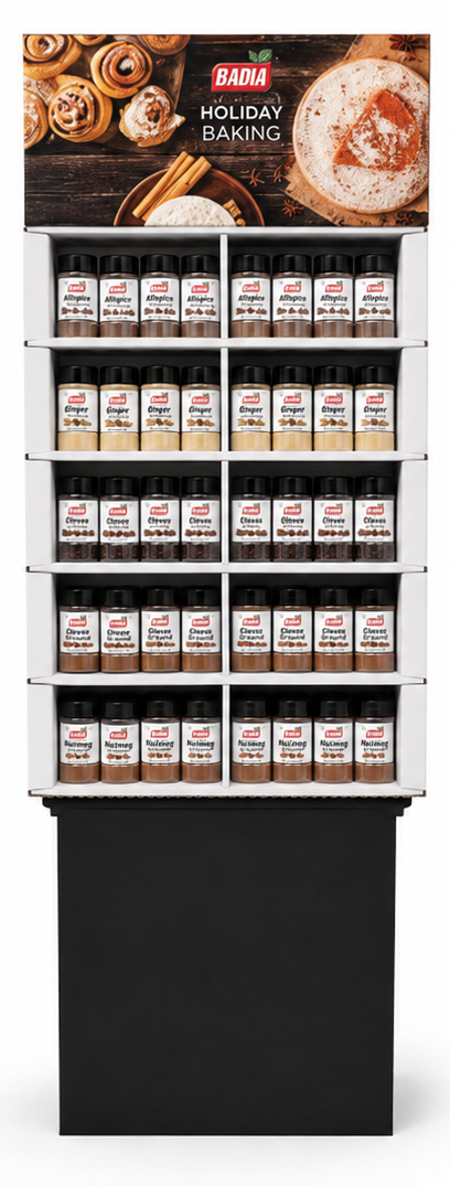 Badia Holiday Baking floor display shipper for grocery stores — 120 units, ready to place