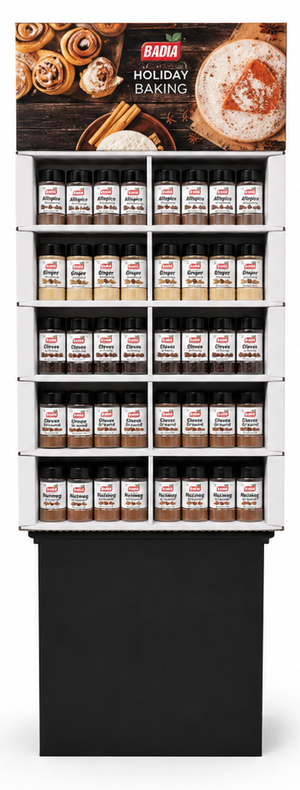 Badia Holiday Baking floor display shipper for grocery stores — 120 units, ready to place