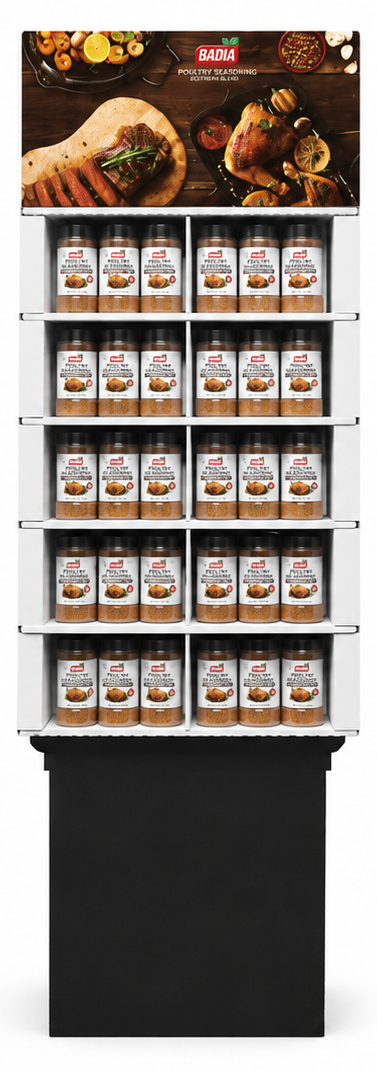 Badia Poultry Southern Blend floor display shipper for grocery stores — 60 units, ready to place