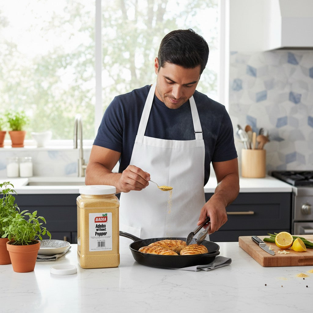Badia Adobo Seasoning without Pepper, 8 lb container of yellow spice blend with salt, garlic, oregano, and turmeric.