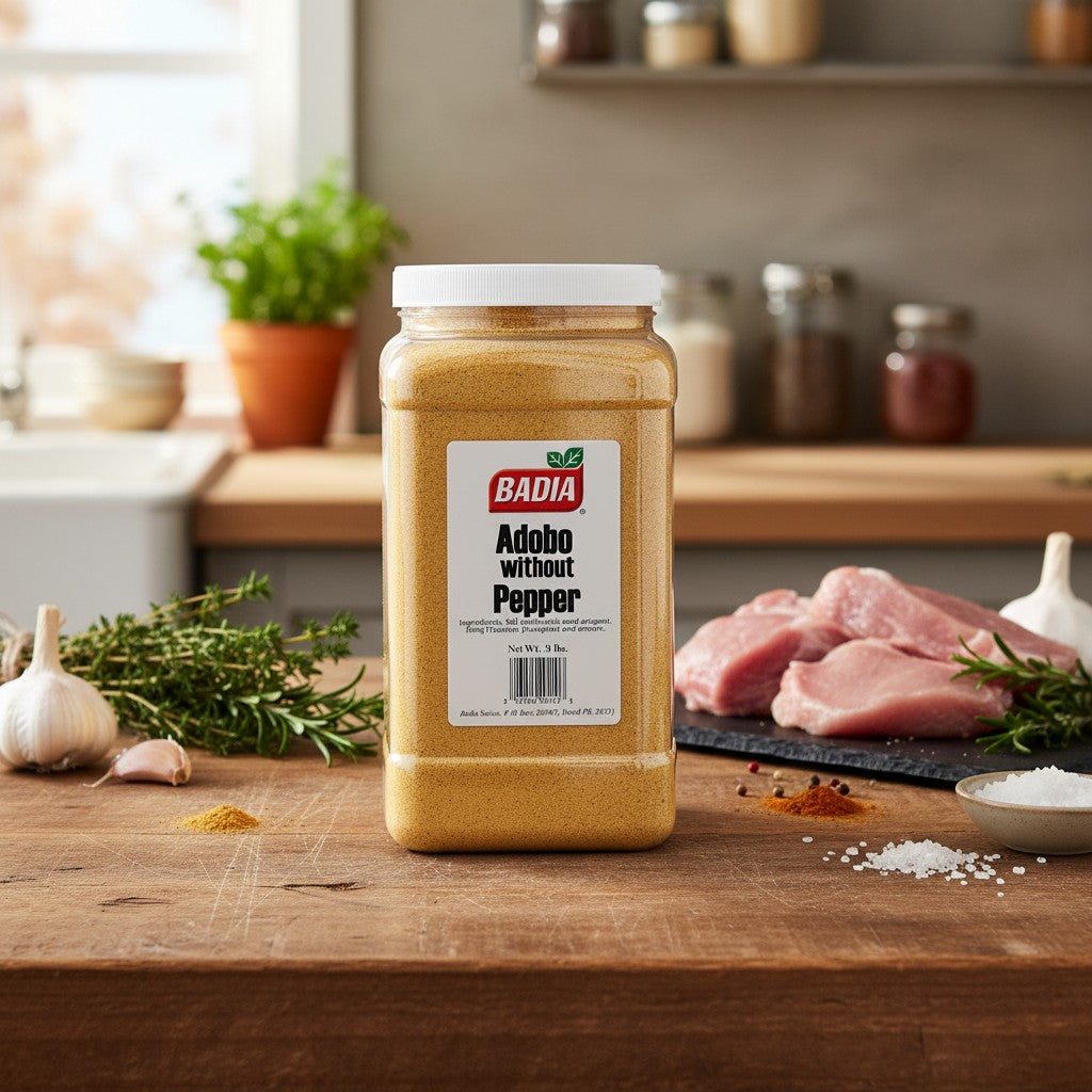 Badia Adobo Seasoning without Pepper, 8 lb container of yellow spice blend with salt, garlic, oregano, and turmeric.