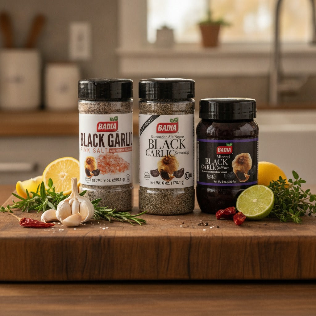 Badia Black Garlic Pink Salt, Seasoning & Minced Black Garlic Bundle — lifestyle