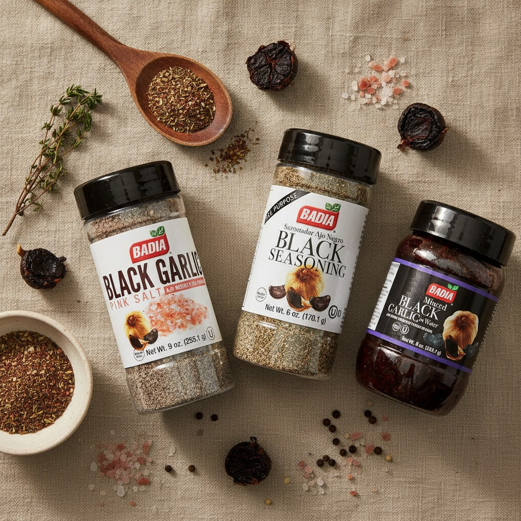 Badia Black Garlic Pink Salt, Seasoning & Minced Black Garlic Bundle — lifestyle