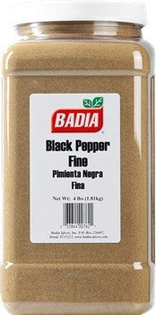 Badia Black Pepper Ground Fine Spice, 4 lb jug. Fine grind for even distribution in rubs, batters, sauces, and dressings.