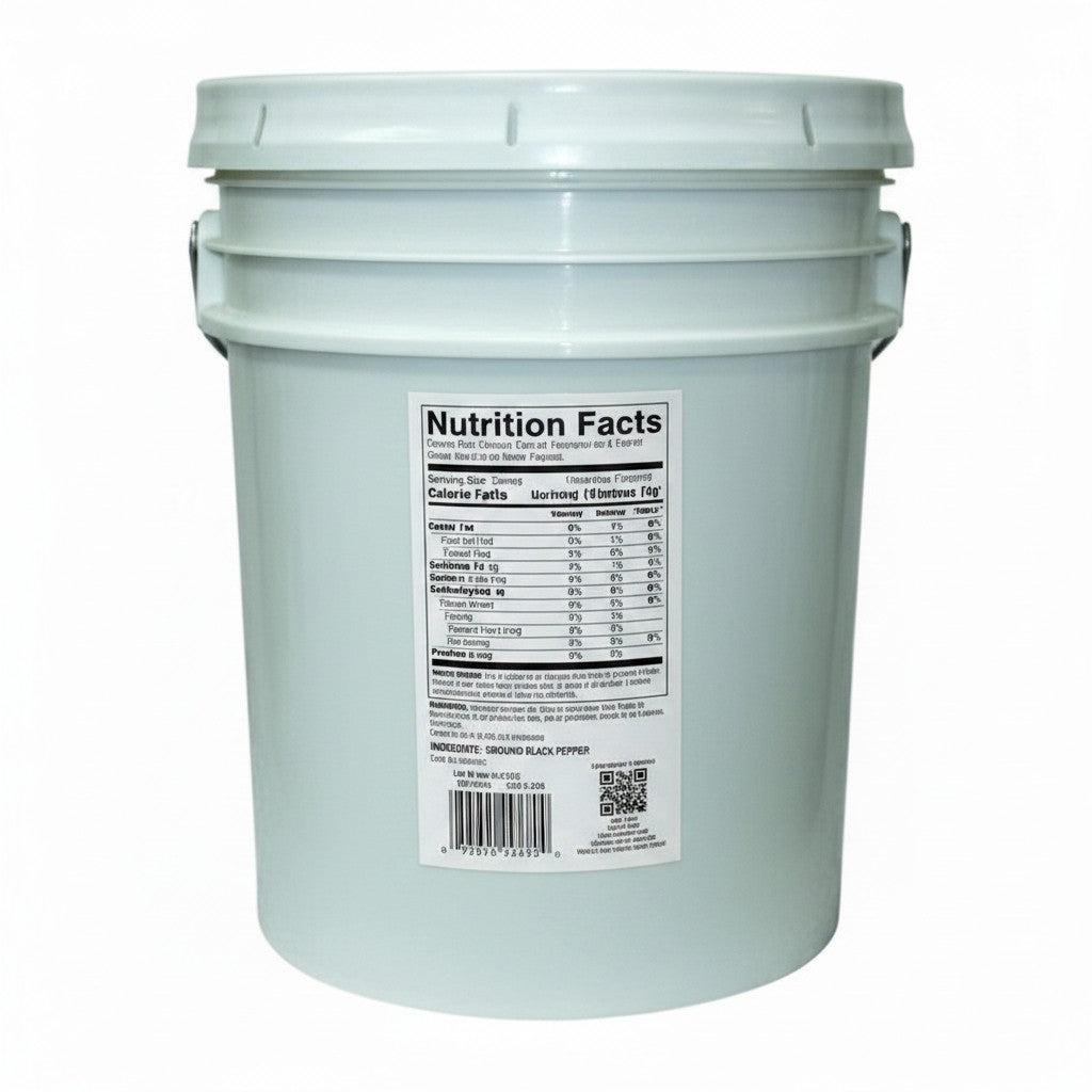 Badia Black Pepper Ground Spice in a large white bucket, 35 lbs.