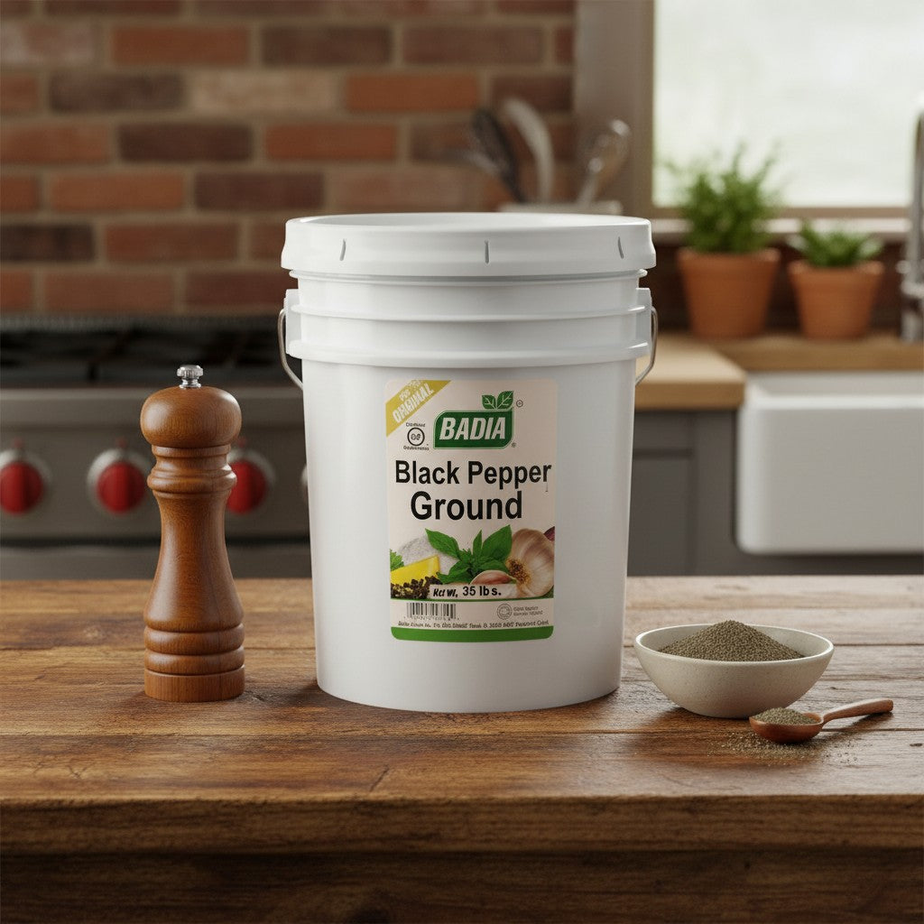 Badia Black Pepper Ground Spice in a large 35 lb bucket, ideal for commercial kitchens.