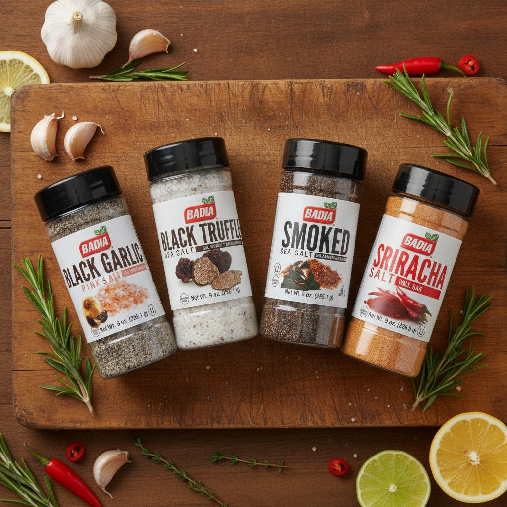 Badia Black Truffle, Black Garlic Pink, Smoked Sea & Sriracha Salt Bundle — lifestyle