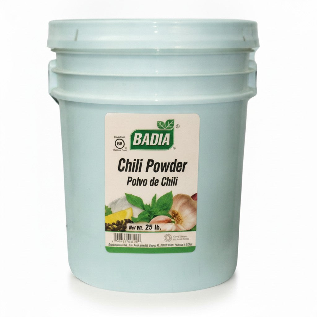 Badia Chili Powder, 25 lb — Badia food service bucket on white