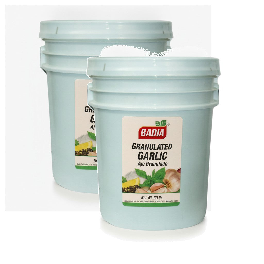 Badia Granulated Garlic Spice, 30 lb, Pack of 2 — Badia food service bucket on white