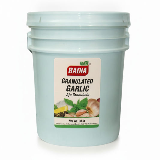 Badia Granulated Garlic Spice, 30 lb — Badia food service bucket on white