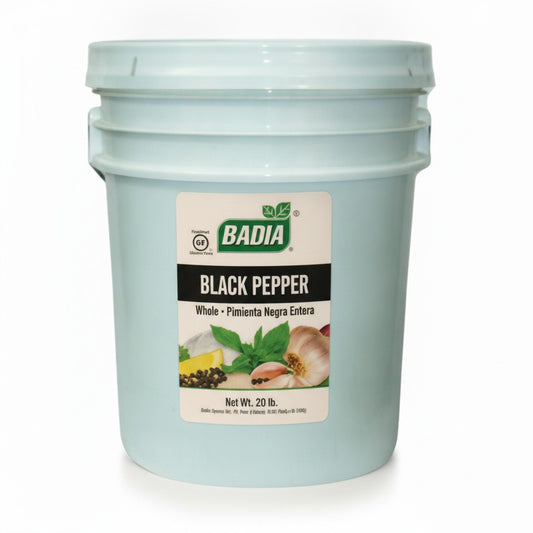 Badia Black Pepper Whole, 20 lb — Badia food service bucket on white