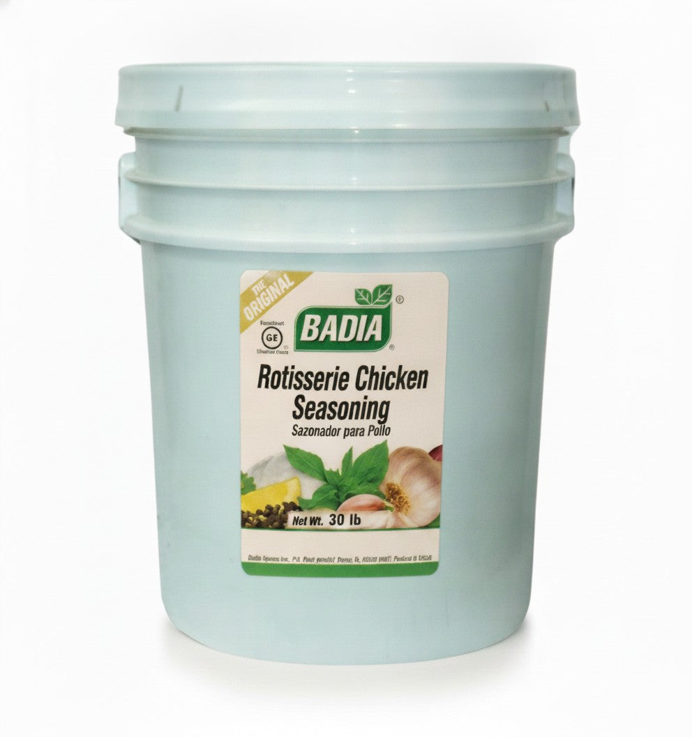Badia Rotisserie Chicken Seasoning (No MSG), 30 lb — Badia food service bucket on white