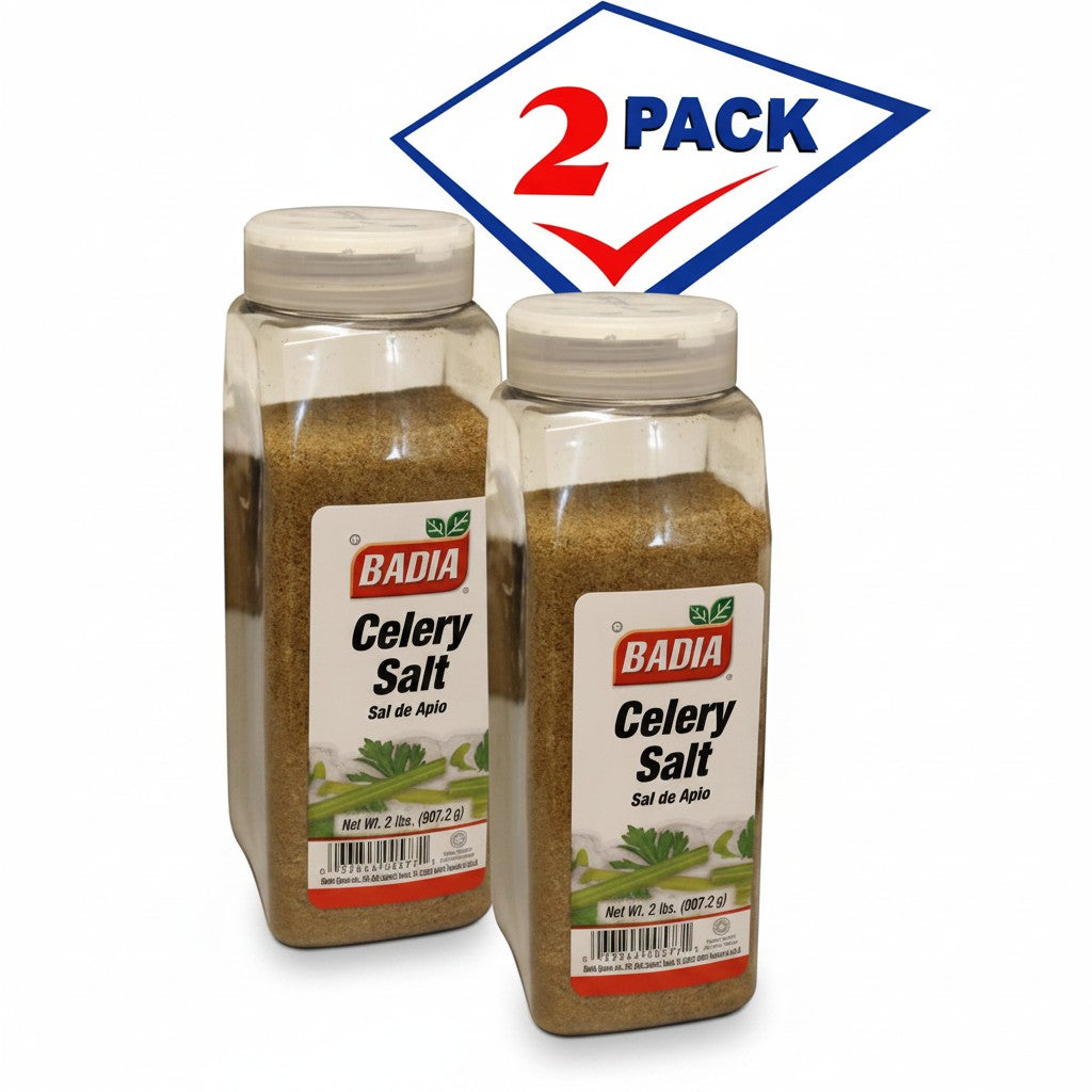 Badia Celery Salt, 2 lb pack of 2 clear plastic shakers with white lids. Fine sea salt blended with ground celery seed.