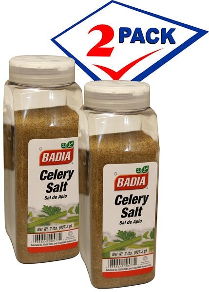 Badia Celery Salt, 2 lb pack of 2 clear plastic shaker bottles. Fine sea salt blended with ground celery seed.