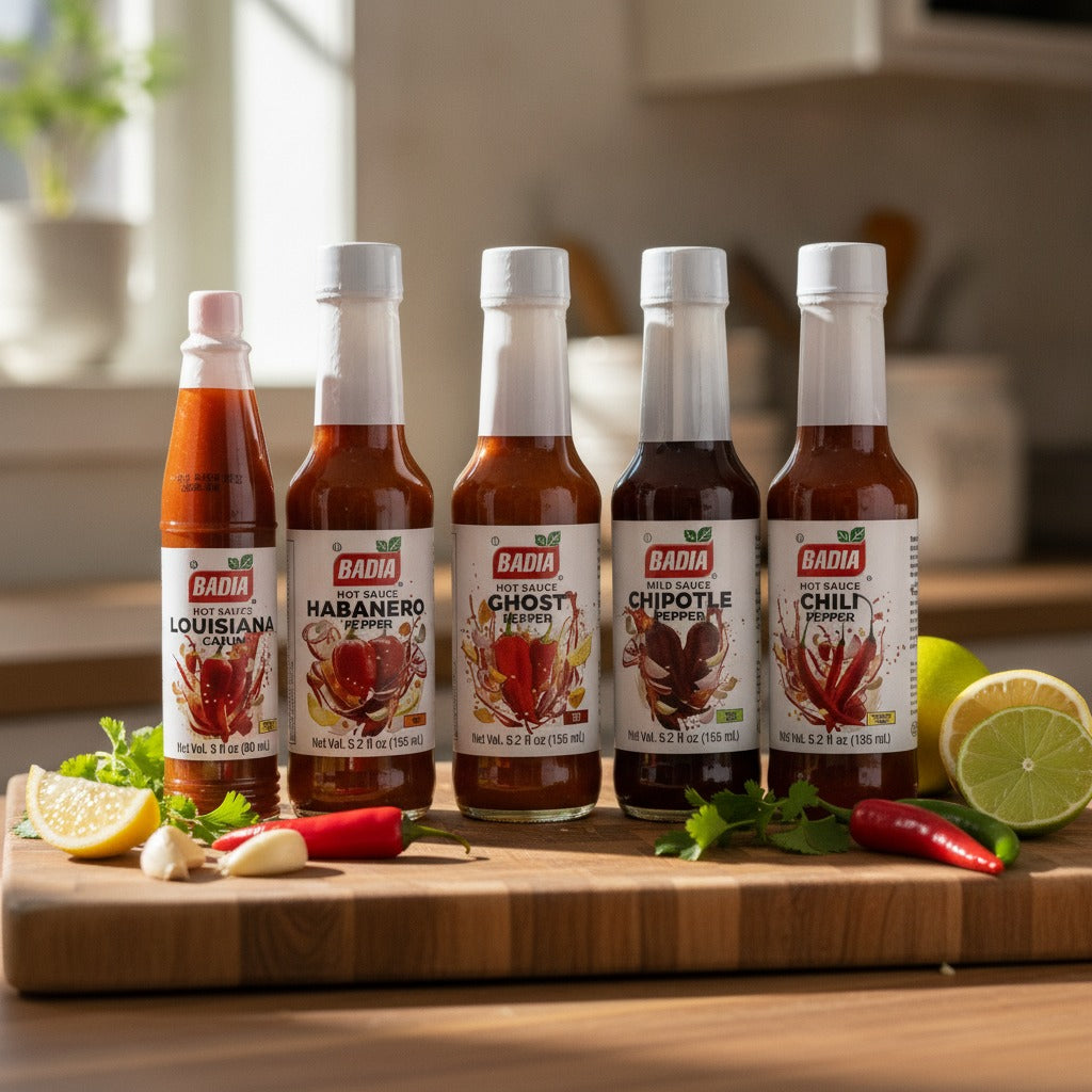 Badia Chili, Chipotle, Ghost Pepper, Habanero & Louisiana Cajun Hot Sauce Bundle — lifestyle