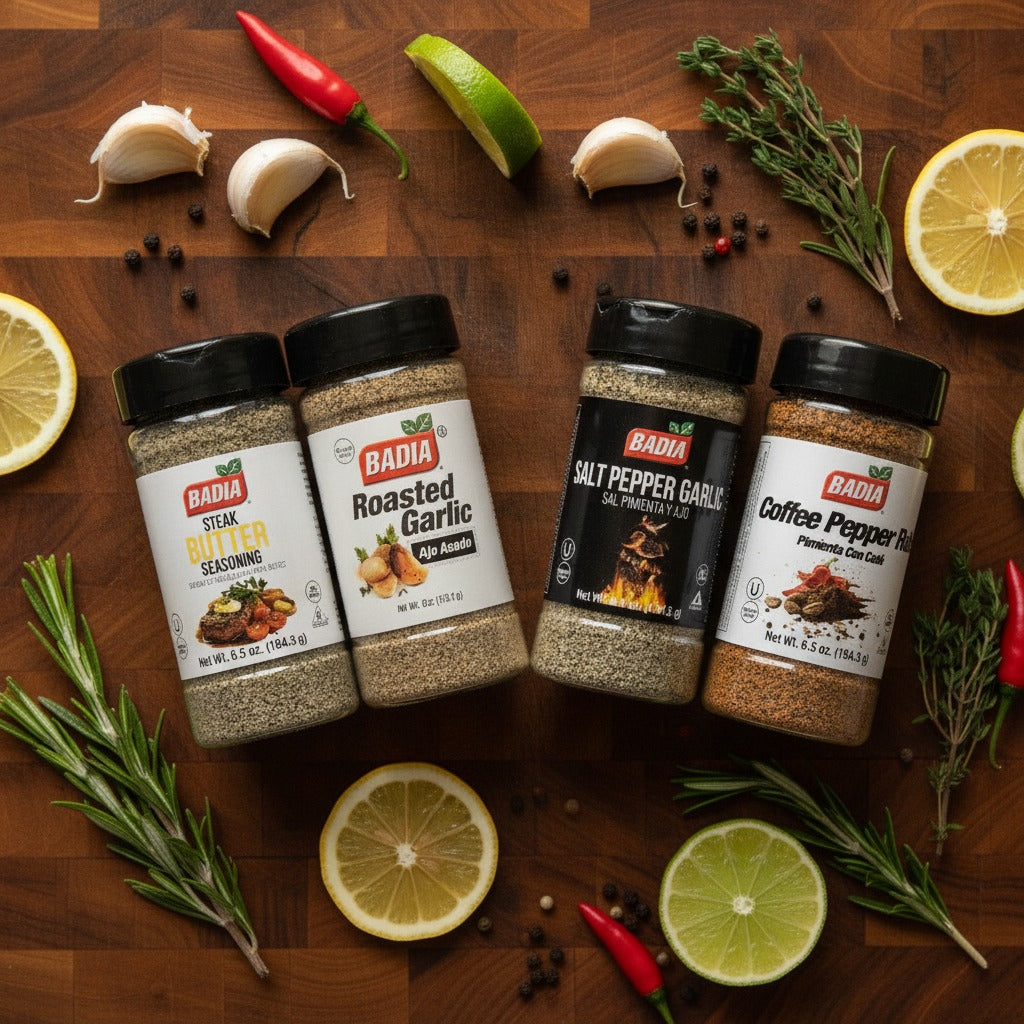Badia Coffee Pepper Rub, Roasted Garlic, Butter Steak & Salt Pepper Garlic Bundle — lifestyle