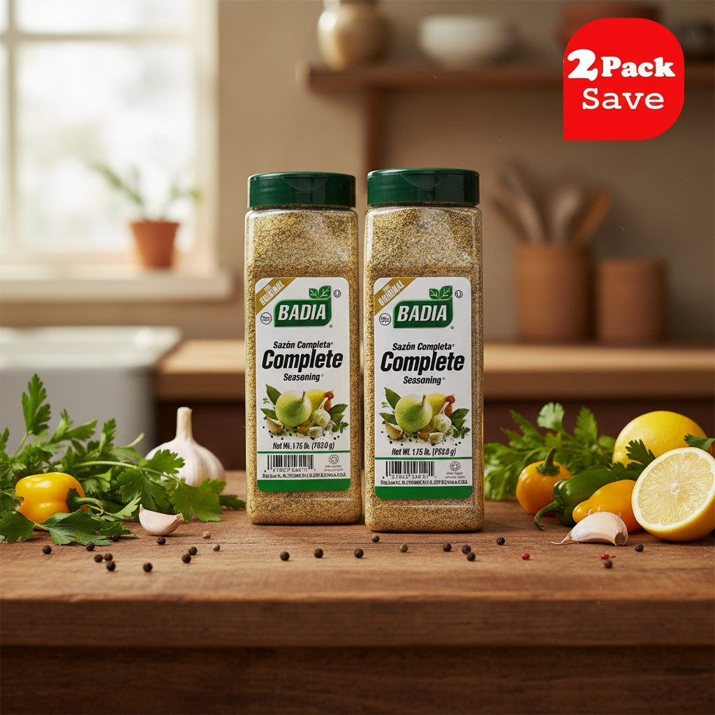 Badia Complete Seasoning, 2 pack of 1.75 lb bottles. A blend of salt, garlic, onion, oregano, and pepper.