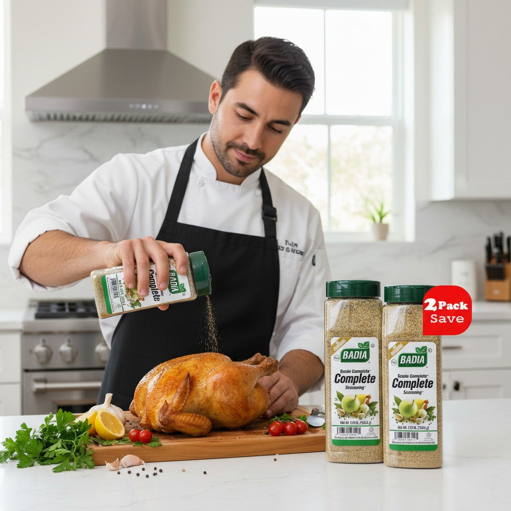 Badia Complete Seasoning, 2 pack of 1.75 lb bottles. A blend of salt, garlic, onion, oregano, black pepper, and turmeric.