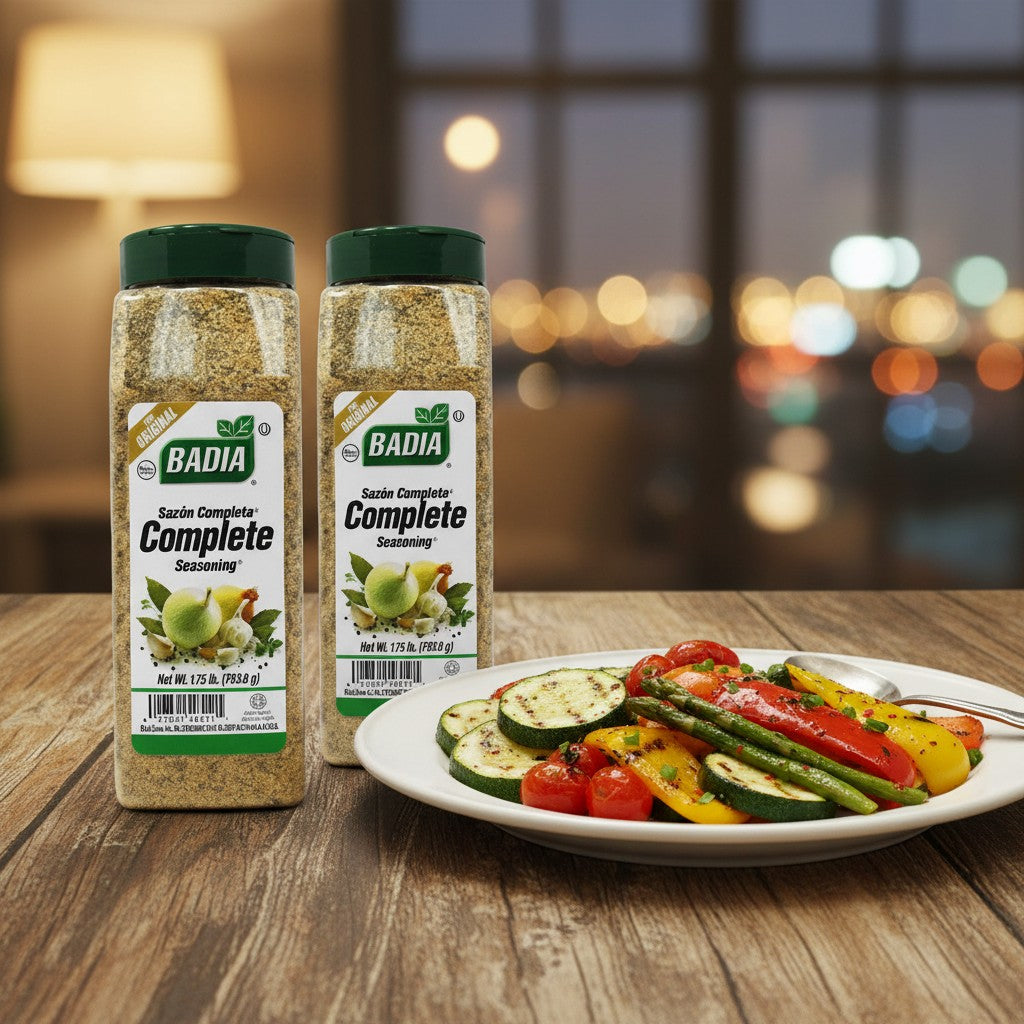 Badia Complete Seasoning, family size 1.75 lb bottles, 2 pack. A blend of salt, garlic, onion, oregano, black pepper, turmeric.