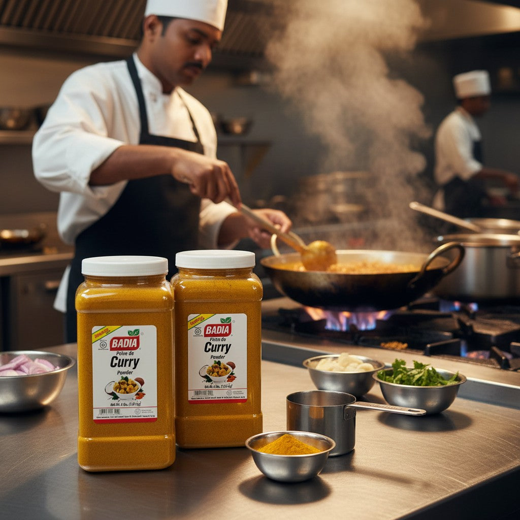 Badia Curry Powder 4 lb twin-pack, a vibrant yellow spice blend with turmeric, coriander, cumin, and ginger for Caribbean and Indian cooking.