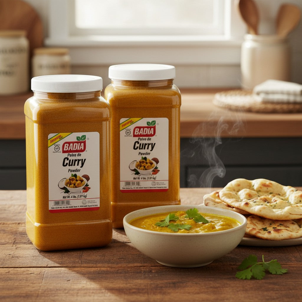 Badia Curry Powder 4 lb twin-pack, a vibrant yellow spice blend with turmeric, coriander, cumin, and ginger for Caribbean and Indian cooking.