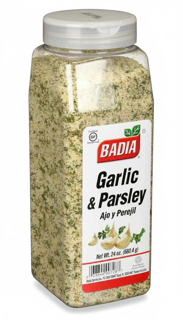 Badia Garlic & Parsley blend in a clear plastic shaker bottle. Granulated garlic and dried parsley mix.