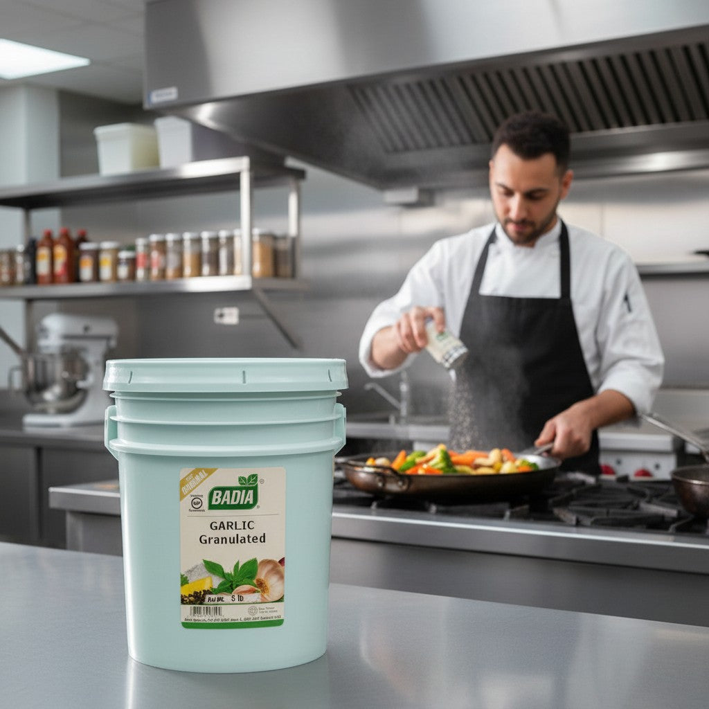 Badia Granulated Garlic Spice in a 5 lb container, ideal for high-volume cooking and restaurant use.