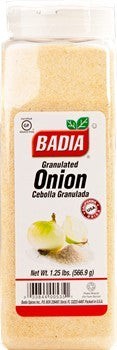 Badia Granulated Onion Spice, 1.25 lb bottle. Coarser than powder, finer than minced, with a sandy texture.