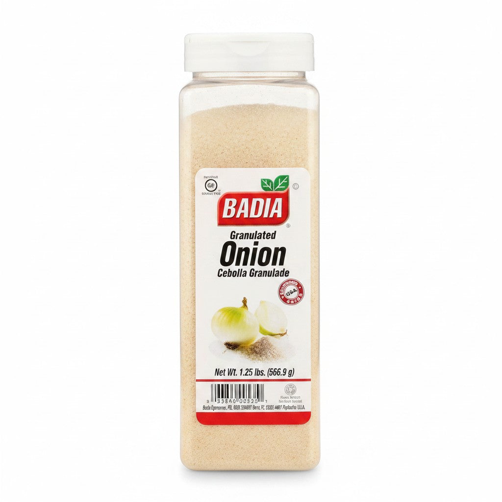 Badia Granulated Onion Spice, 1.25 lb bottle. Granulated dried onion with a sandy texture for rubs, marinades, and cooking.