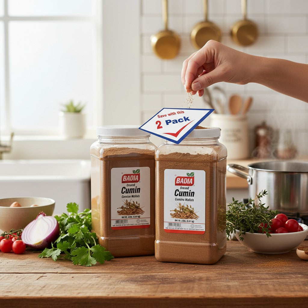 Badia Ground Cumin spice in two 4 lb jugs. Earthy, warm spice for cooking.