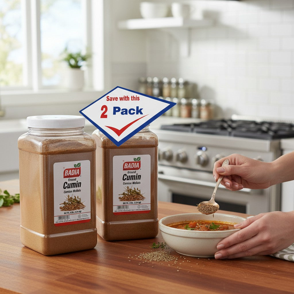 Badia Ground Cumin spice in two 4 lb jugs. Ground cumin is a brown powder with an earthy aroma.