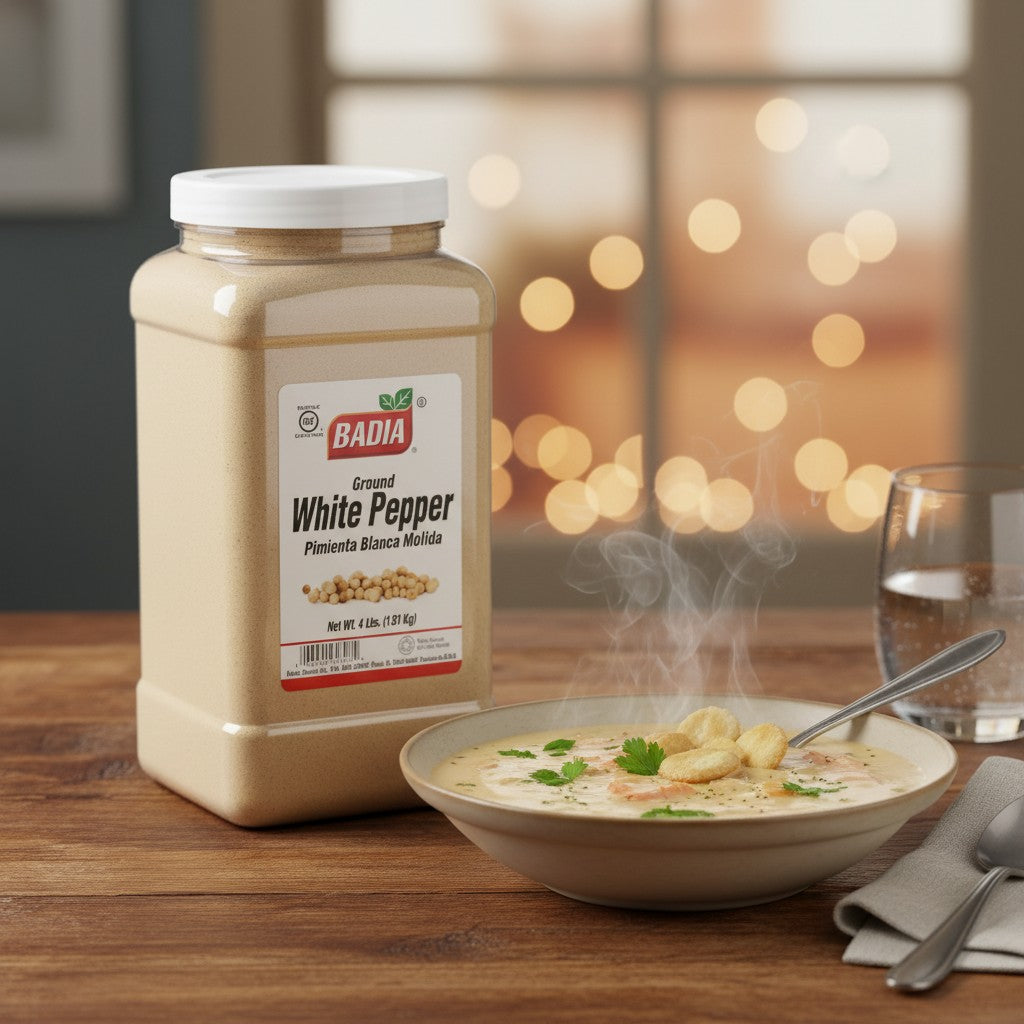 Badia Ground White Pepper spice in a 4 lb clear plastic jar with a white lid. The label is white and red, featuring the Badia logo and text.