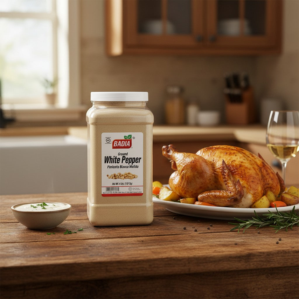 Badia Ground White Pepper spice in a large clear plastic jar with a white lid. 4 lb container.