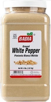 Badia Ground White Pepper spice in a large clear plastic container with a white lid. 4 lb.